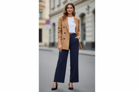 Blue Pants + Red Shirt + Light Orange Shoes + Light Orange Blazer