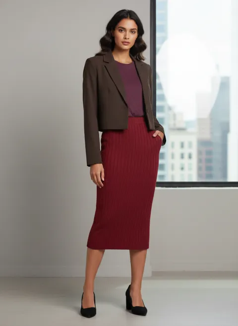 Pink Shirt + Light Orange Shoes + Red Skirt + Orange Blazer