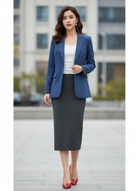 White Shirt + Red Shoes + Black Skirt + Blue Blazer