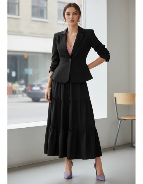 Red Shirt + Orange Shoes + Black Skirt + Black Blazer