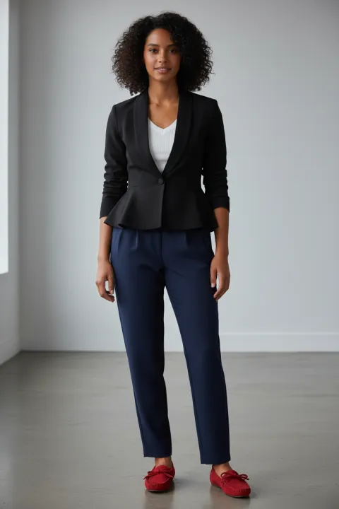 Blue Pants + White Shirt + Red Shoes + Black Blazer